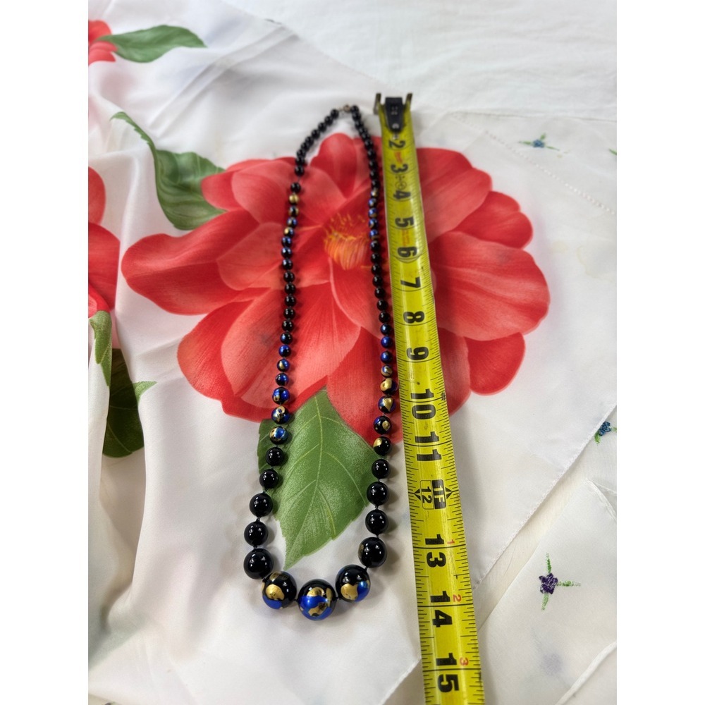 Vintage Black Blue Gold Splatter Art Glass Beaded Graduated Necklace 28 Inch‎ - Picture 4 of 7